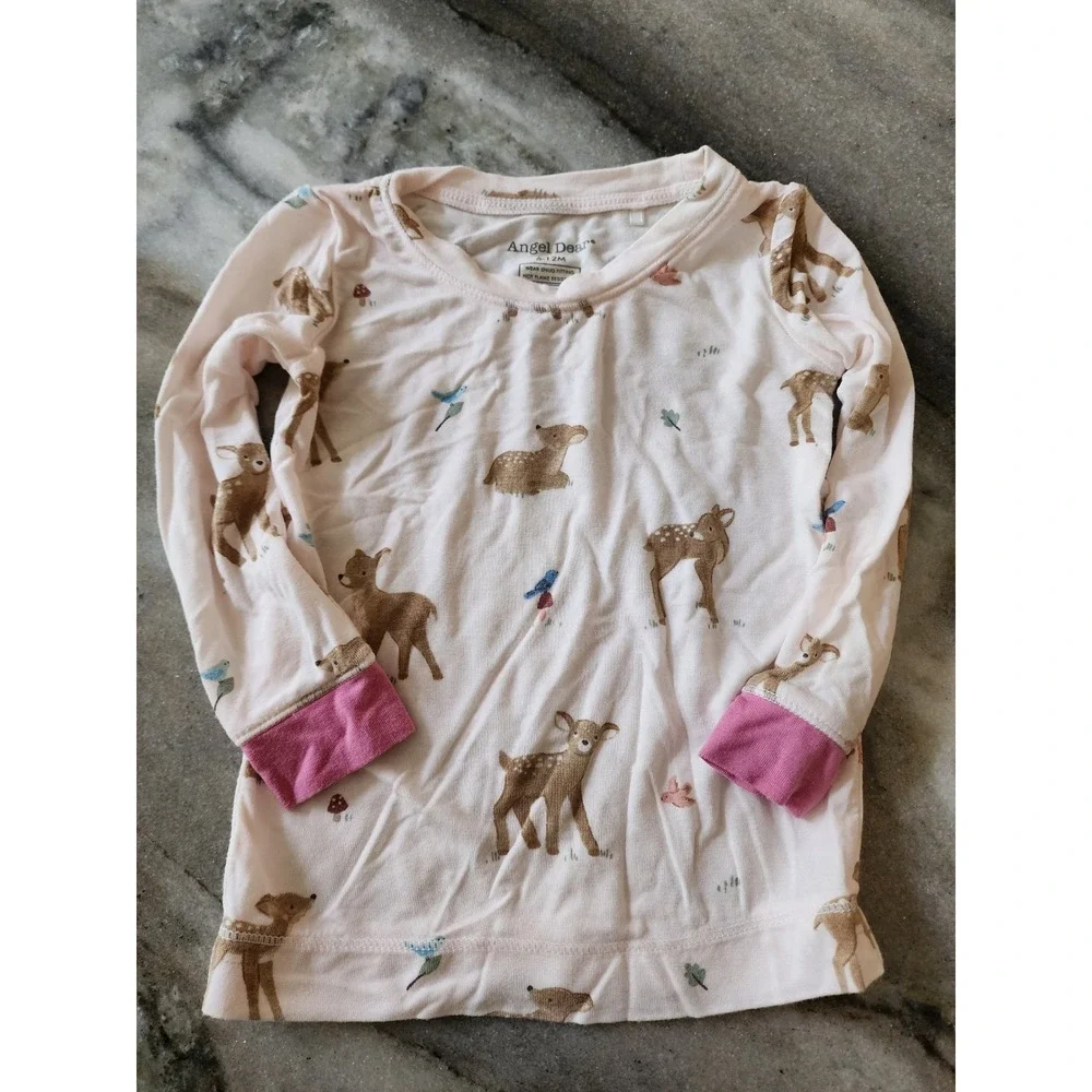 Angel Dear Baby Girl 6-12M Bamboo Viscose Pajama Set Pink Woodland Deer Fawn PJs
